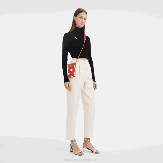 Longchamp 6DPZ676 laranja mulheres capa de telefone coleção le pliage com renda de couro